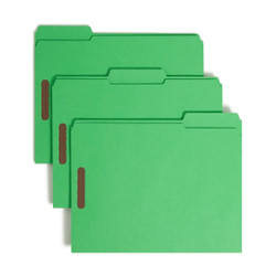 Three green Smead fastener file folders stacked and offset to show the 1/3-cut tabs in assorted positions.