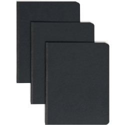 Three black Smead PressGuard report covers stacked in a fan arrangement, showing their smooth pressboard fronts and reinforced spines.