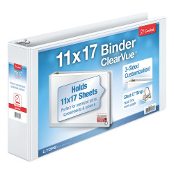 White Cardinal ClearVue 11 x 17 Slant-D ring binder, 3 inch capacity, front view on white background