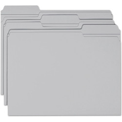 Stack of gray letter size reinforced file folders with 1/3-cut top tabs in assorted positions