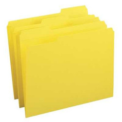 Yellow letter-size file folders with 1/3-cut reinforced top tabs in assorted positions, shown in a stacked arrangement, Smead standard 11 pt stock.