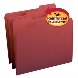 Smead 13084-F13 maroon letter size reinforced file folder open flat showing two interior metal fasteners in positions 1 and 3. (not shown)