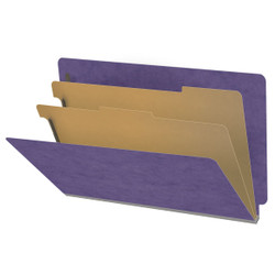Purple legal-size end tab pressboard classification folder with two 17pt manila dividers and 2-inch expansion, open to show six filing sections and straight-cut end tab
