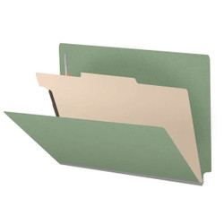 Green end tab pressboard classification folder with one manila divider and metal fasteners, letter size