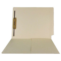 Letter size manila end tab pocket folder with reinforced straight-cut tab, inside front panel pocket, and one heat-bonded fastener in position 1.