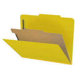 Yellow pressboard top tab classification folder with one interior divider and 4 fasteners, letter size (DDV-T42-14-3YLW)