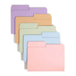 Assorted pastel color Smead SuperTab file folders with oversized 1/2-cut top tabs in second position, letter size, shown in lavender, camel, moss, light blue, and pink for color-coded filing.
