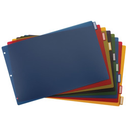 Splayed view of Cardinal 11 x 17 poly insertable dividers showing eight multicolor tabs