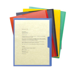 Assorted Smead Organized Up poly project jackets with clear front panels and colored backs displaying a letter size document