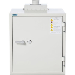 Phoenix BSS6101 battery storage and charging safe, front close angled view with key lock and warning label