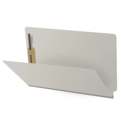 Gray legal size end tab fastener folder open angle view showing front panel and bonded fastener