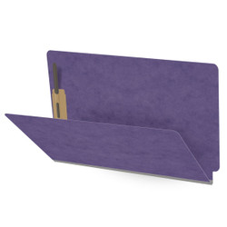 Purple legal size end tab fastener folder open angle view showing front panel and bonded fastener
