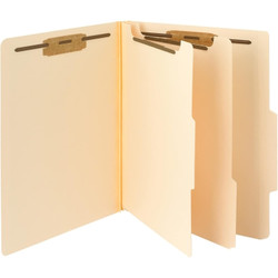 Manila Smead classification file folder open to show 2 dividers, 6 filing surfaces, and fasteners inside
