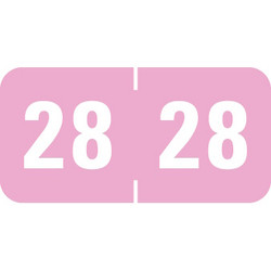 Pink 28 year label with white numbers in a wraparound center-slit design for file folder tabs