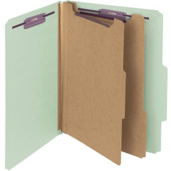 Open gray-green letter size pressboard classification folder with two dividers and SafeSHIELD fasteners