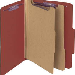 Open red letter size pressboard classification folder with 2 dividers and SafeSHIELD fasteners