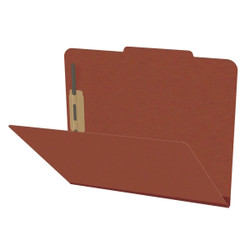 Front view of red letter size top tab pressboard classification folder with russet brown Tyvek expansion