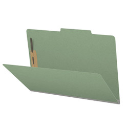Green legal size top tab classification folder opened to show interior with two bonded fasteners and no divider