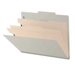 Side angle view of an open grey letter size top tab classification folder showing three manila dividers and expanding filing sections.