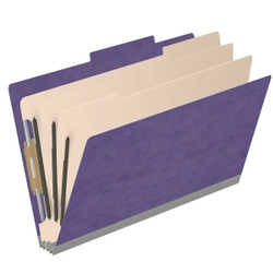 Angled view of a purple legal size top tab classification folder with three manila dividers and 3-inch gray Tyvek expansion.