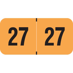 Fluorescent orange 2027 year label with bold black “27” printed on each side, used for file folder year identification.