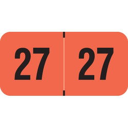 Fluorescent red 2027 year label with bold black “27” printed on each side, used for file folder year identification.