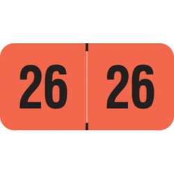 Fluorescent red 2026 year label with bold black “26” printed on each side, used for file folder year identification.