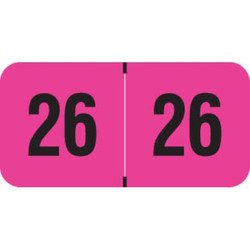 Fluorescent pink 2026 year label with bold black “26” printed on each side, used for file folder year identification.