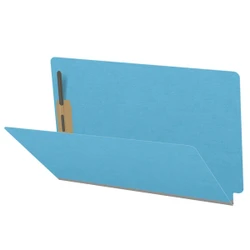 Blue legal-size end tab pressboard fastener folder showing 2 inch expansion and interior fasteners