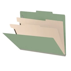 Green letter size top tab classification folder open to show two manila dividers and fasteners