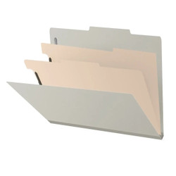 Gray 2-divider top tab classification folder shown partially open with manila dividers, top tabs, and gray Tyvek expansion.