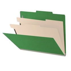 Moss green 2-divider classification folder shown partially open with top tab, manila dividers, and expandable spine.