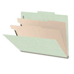 Pale green 2-divider classification folder shown partially open with top tab, manila dividers, and gray expandable spine.