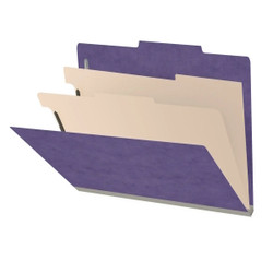 Purple 2-divider classification folder shown partially open with top tab, manila dividers, and gray expandable spine.