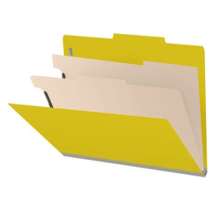 Yellow 2-divider classification folder shown partially open with top tab, manila dividers, and lemon yellow expandable spine.