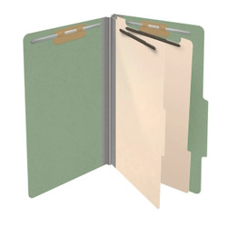 Open green legal-size classification folder with two manila dividers and metal fasteners