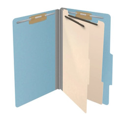 Open blue legal-size classification folder with two manila dividers and metal fasteners