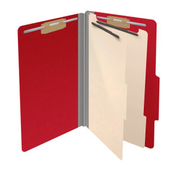 Open deep red legal-size classification folder showing two internal dividers and document fasteners