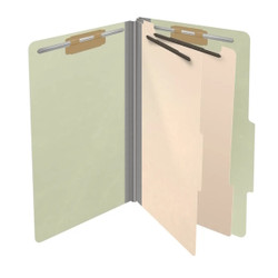 Open gray-green legal-size classification folder with two manila dividers and metal fasteners