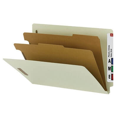 Smead 25pt End Tab Pressboard Classification Folders, Legal Size, 2 Dividers, Recycled Gray/Green, 10/Box (29802)