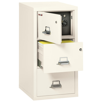 FireKing Safe-In-A-File cabinet, 3 drawer legal size, 31 inch deep, Ivory white finish, open safe and file drawer