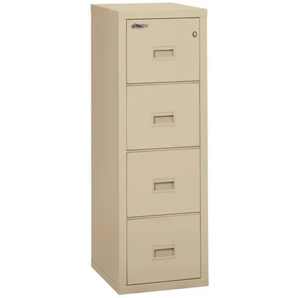 FireKing Turtle 4-Drawer Fireproof File Cabinet in Parchment color, with all drawers closed.