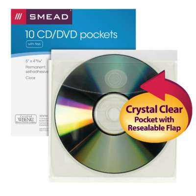 Smead Self-Adhesive Poly CD/DVD Pocket, Clear, 10/Pack (68144)