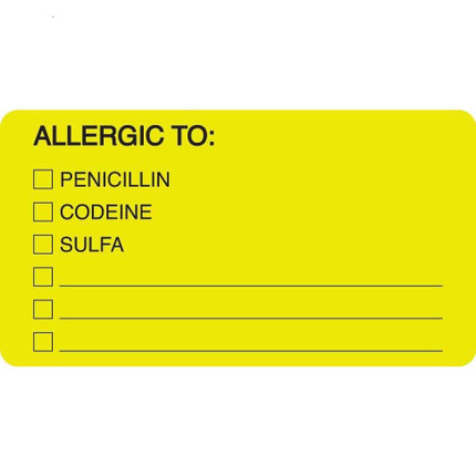 Allergy Labels, Allergic To, 3-1/4 x 1-3/4, Fl. Chartreuse, 500/RL (ARD1550)