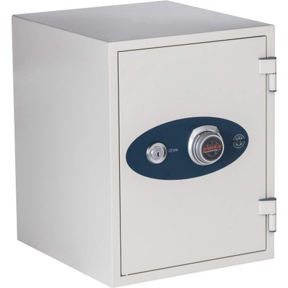 White Phoenix Dual-Lock Fireproof Safe, 1.3 cu ft, with Key and Combination Lock, Door Closed, Ideal for Home and Office