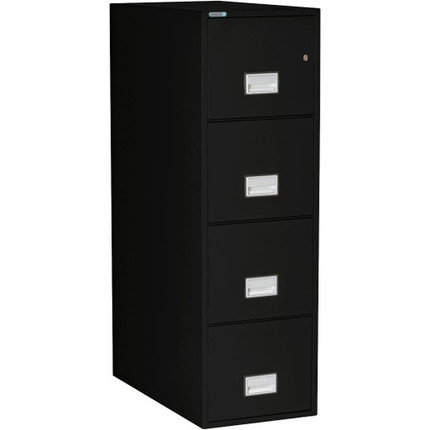 Phoenix LGL4W25 4-Drawer Fireproof File Cabinet, Legal Size - Black, drawer open (angled view)