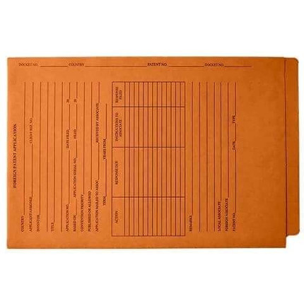 Foreign Patent Application Folders, End Tab, Tri-Fold, Printed 2-Sides, Orange, 25/Box