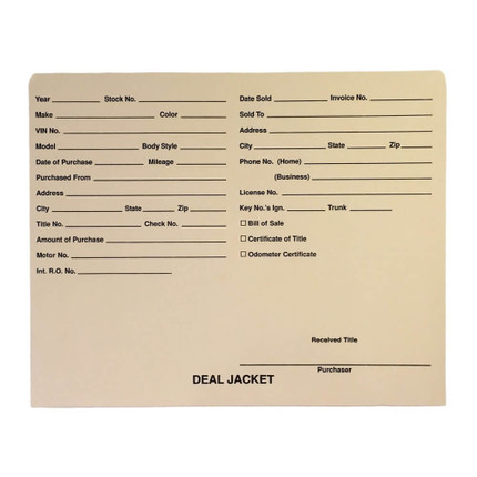 Manila Letter Size Auto Dealer Jacket with Front Printed, 11 pt Manila Stock, Packaged 100/box