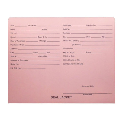 Pink Letter Size Auto Dealer Jacket with Front Printed, 11 pt Pink Stock, Packaged 100/box
