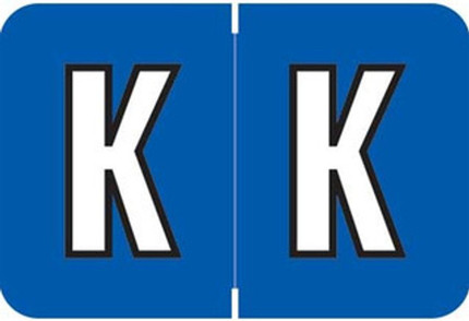 Colwell COPK Alphabetical Color-Coded Filing Label for the letter 'K' with a cobalt background and white character with black outline